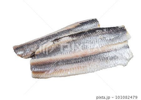 Pickled marinated sea herring fillet. Isolated on white background. Pickled marinated sea herring fillet. Isolated on white background. 101082479