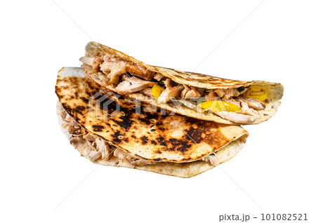 Cheesy Chicken roast Quesadilla. Isolated on white background. Cheesy Chicken roast Quesadilla. Isolated on white background. 101082521