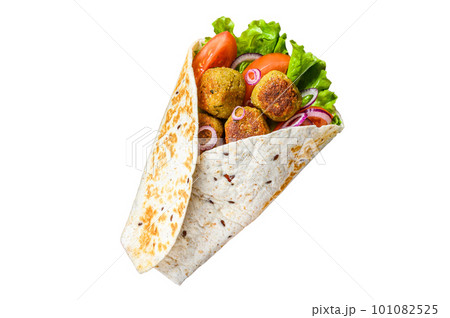 Vegetarian Tortilla wrap with falafel and fresh salad, vegan tacos. Isolated on white background. Vegetarian Tortilla wrap with falafel and fresh salad, vegan tacos. Isolated on white background. 101082525