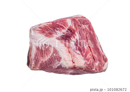Raw pork neck meat for Chop steak on kichen table. Isolated on white background. Raw pork neck meat for Chop steak on kichen table. Isolated on white background. 101082672
