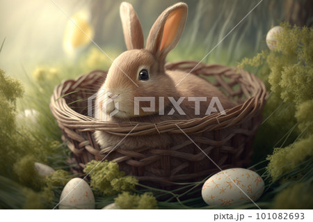 Little bunny with decorated eggs. Easter card. Happy Easter Bunny Little bunny with decorated eggs. Easter card. Happy Easter Bunny 101082693