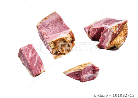 Smoked Pork neck Meat on a cutting board. Isolated on white background. 101082715