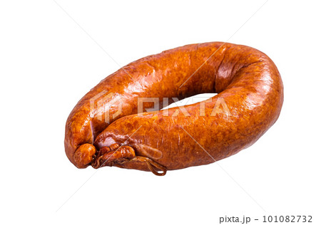 Smoked sausage on a white rustic table. Isolated on white background. 101082732