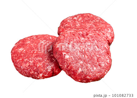 Raw veal hamburger patties with herbs and spices. Isolated on white background. 101082733