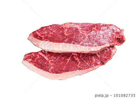 Raw rump steak or top sirloin cap beef meat steaks on butcher table. Isolated on white background Raw rump steak or top sirloin cap beef meat steaks on butcher table. Isolated on white background 101082735