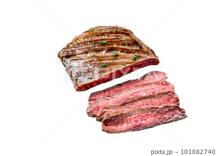 Sliced flank or bavette beef meat steak on a cleaver. Isolated on white background. 101082740