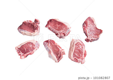 Raw fresh lamb loin chops cutlets. Isolated on white background. Raw fresh lamb loin chops cutlets. Isolated on white background. 101082807