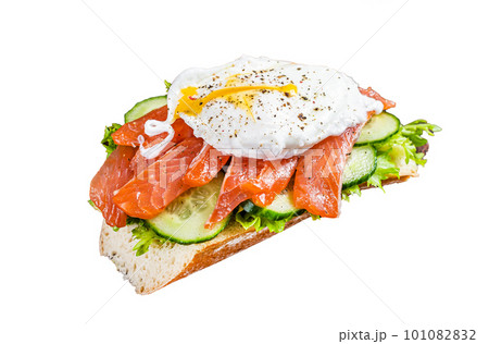 Poached egg with smoked salmon and avocado on toast. Isolated on white background. 101082832