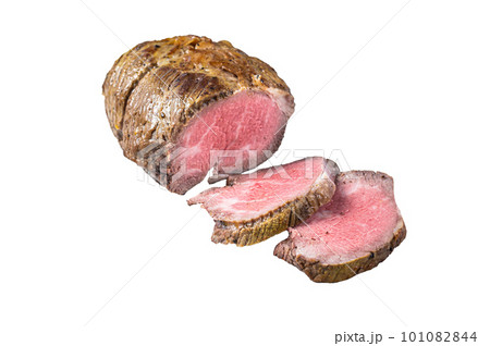 Roast beef meat fillet on kitchen table. Isolated on white background. 101082844