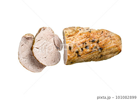 Cut baked pork tenderloin steak on a cutting board with arugula. Isolated on white background. Cut baked pork tenderloin steak on a cutting board with arugula. Isolated on white background. 101082899