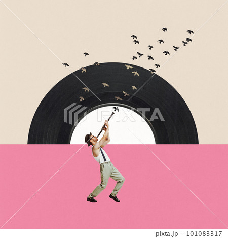 Art collage with young musician wearing stylish clothes and playing on clarinet over pink and beige background. Music and birds 101083317