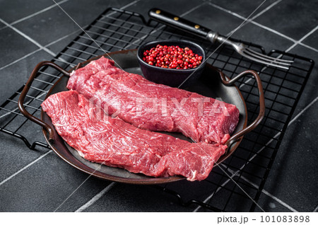 Raw lamb tenderloin Fillet, Mutton Sirloin Meat. Black background. Top view 101083898