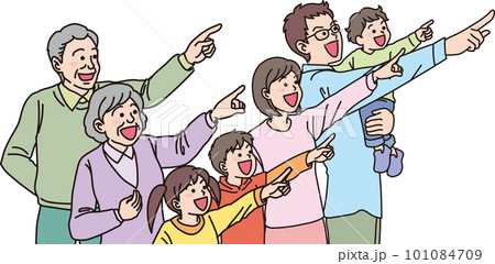 目指す_指差す_家族_カラー_にこやかな表情_5人同じ方向を指差す 目指す_指差す_家族_カラー_にこやかな表情_5人同じ方向を指差す 101084709