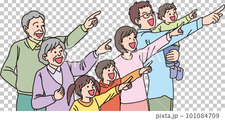 目指す_指差す_家族_カラー_にこやかな表情_5人同じ方向を指差す 目指す_指差す_家族_カラー_にこやかな表情_5人同じ方向を指差す 101084709