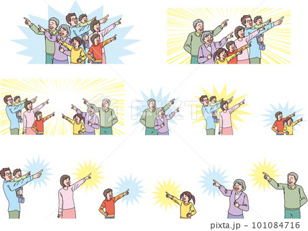 目指す_指差す_ファミリー_にこやかな表情_背景色ありセット 101084716