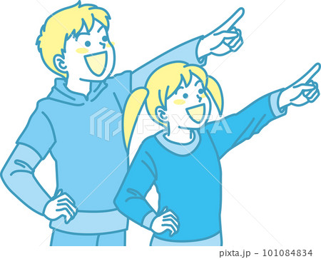 目指す_指差す_家族_シアンイエロー_にこやかな表情_同じ方向を指差す男の子女の子 101084834