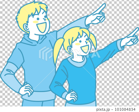 瞄準_指點_家人_青黃色_笑臉_男孩女孩指著同一個方向 101084834