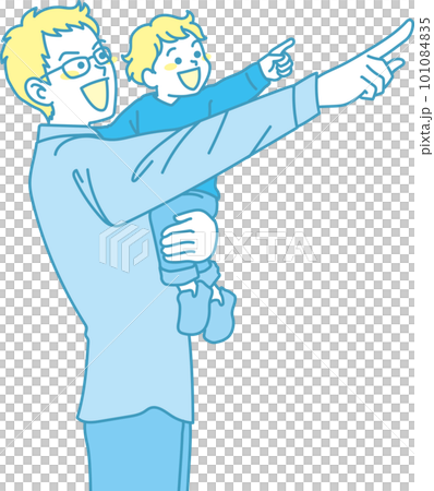Pointing _ pointing _ family _ cyan yellow _ smiling expression _ dad and child pointing in the same direction 101084835
