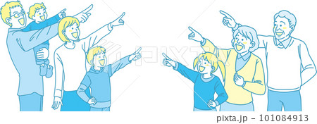 目指す_指差す_家族_シアンイエロー_にこやかな表情_5人真ん中を指差す 目指す_指差す_家族_シアンイエロー_にこやかな表情_5人真ん中を指差す 101084913