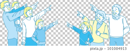 目指す_指差す_家族_シアンイエロー_にこやかな表情_5人真ん中を指差す 目指す_指差す_家族_シアンイエロー_にこやかな表情_5人真ん中を指差す 101084913