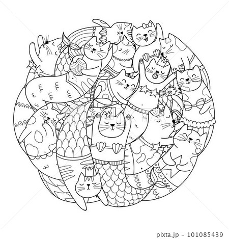 Cute mermaid cats circle shape coloring page. Doodle mandala with funny feline animals for coloring book 101085439