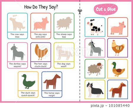 How do they say cut and glue game with cute farm characters. Educational activity page 101085440