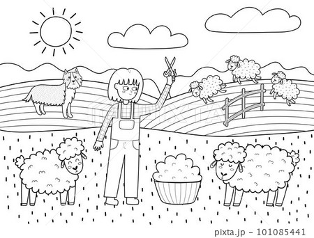 On the farm poster with cute animals in black and white. Girl shearing sheep and making wool On the farm poster with cute animals in black and white. Girl shearing sheep and making wool 101085441