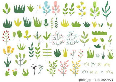Doodle plants bundle in cartoon style. Grass, sprouts and leaves big collection 101085453