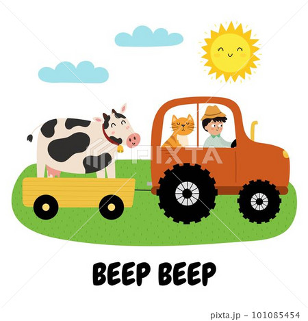 Beep beep print with cute boy and cat on a tractor carrying a cow. Summer green meadow 101085454