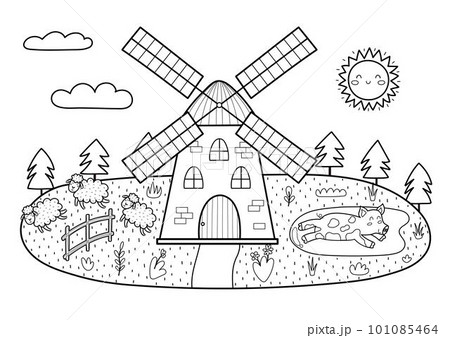 Black and white farm landscape in cartoon style with windmill, pig and sheep Black and white farm landscape in cartoon style with windmill, pig and sheep 101085464