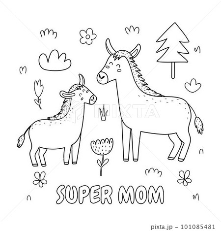 Super Mom black and white print with a cute mother donkey and her baby foal Super Mom black and white print with a cute mother donkey and her baby foal 101085481