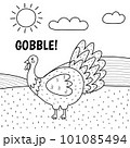 Turkey saying gobble black and white print. Cute farm character on a green pasture making a sound 101085494