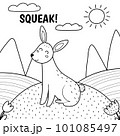Rabbit saying squeak black and white print. Cute farm character on a green pasture making a sound 101085497