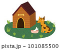 Cute little dog sitting near the kennel with a bowl and a bone inside 101085500