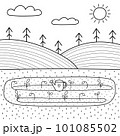 Black and white field landscape with a garden bed in cartoon style. Summer background 101085502