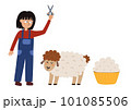 Girl shearing sheep set with cute farm characters. Farmer cutting the sheep wool print 101085506