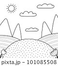 Black and white nature landscape with a green meadow, sun and mountains 101085508