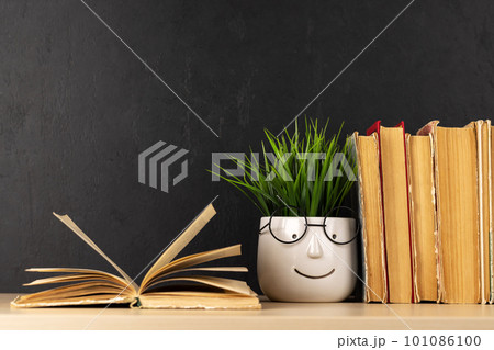 Old books on a table, with one book open 101086100