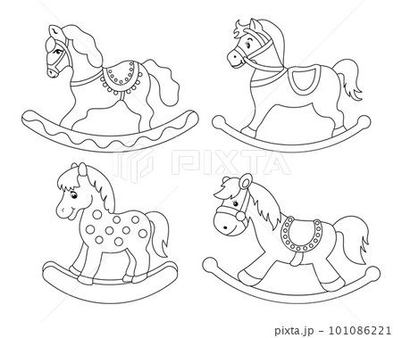 A set of rocking horses, children's toys. Outline drawing for children's coloring, sketch. Illustration, vector A set of rocking horses, children's toys. Outline drawing for children's coloring, sketch. Illustration, vector 101086221