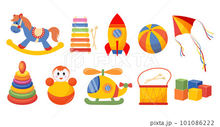 Set of colorful children's toys. Rocket, doll, pyramid, rocking horse, helicopter and drums on a white background. Baby toys icons, vector Set of colorful children's toys. Rocket, doll, pyramid, rocking horse, helicopter and drums on a white background. Baby toys icons, vector 101086222