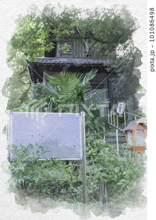 水彩画風　和歌山　奥山稲荷社　岡山の時鐘堂　和歌山県和歌山市 101086498