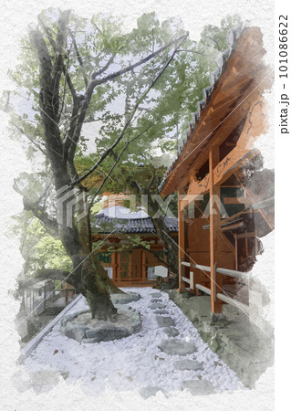 水彩画風　和歌山　紀三井寺　三社権現と多宝塔　和歌山県和歌山市 101086622