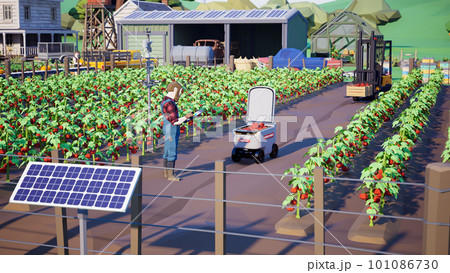 Metaverse avatars of people learning to increase agricultural productivity in smart farm of virtual world, 3d render 101086730