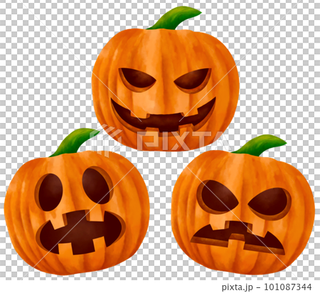 set of halloween pumpkin with green leaves transparent background  101087344