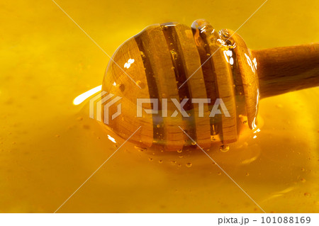Honey dripping from honey dipper in wooden bowl. Close-up. Healthy organic Thick honey dipping  101088169
