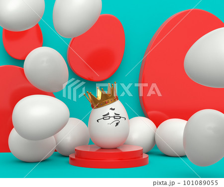 Unique white egg in gold crown on podium with funny faceand scattered black eggs 101089055