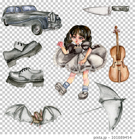 Watercolor set of mystical watercolor illustrations,black shoes,car,umbrella, knife,bat,cello,Wednesday. Elements are isolated on a white background.Perfect for invitation,greetings card,party decor. Watercolor set of mystical watercolor illustrations,black shoes,car,umbrella, knife,bat,cello,Wednesday. Elements are isolated on a white background.Perfect for invitation,greetings card,party decor. 101089454