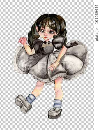 Watercolor hand drawn Wednesday dance. Illustration of cute girl in dark dress.Hand drawn illustration with watercolour on a white background. Perfect for greetings card,posters,stickers,skrapbooking. Watercolor hand drawn Wednesday dance. Illustration of cute girl in dark dress.Hand drawn illustration with watercolour on a white background. Perfect for greetings card,posters,stickers,skrapbooking. 101089455