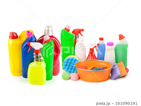 household chemicals, sponges and trough isolated on white background. Collage. household chemicals, sponges and trough isolated on white background. Collage. 101090191