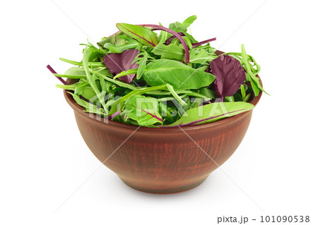 Mix salad - arugula, spinach and chard in the bowl isolated on white background 101090538